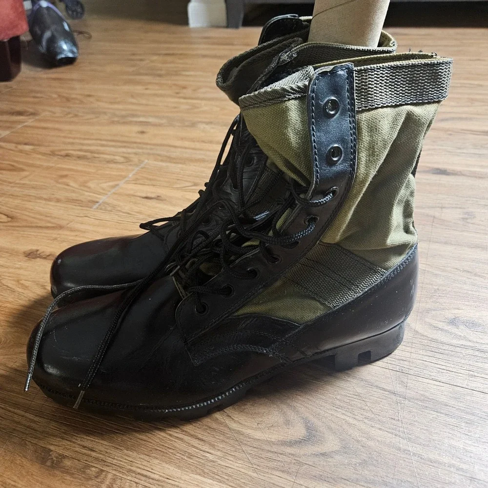Vintage US Military Jungle Boots Black Leather Olive Canvas Panama Sole 13R